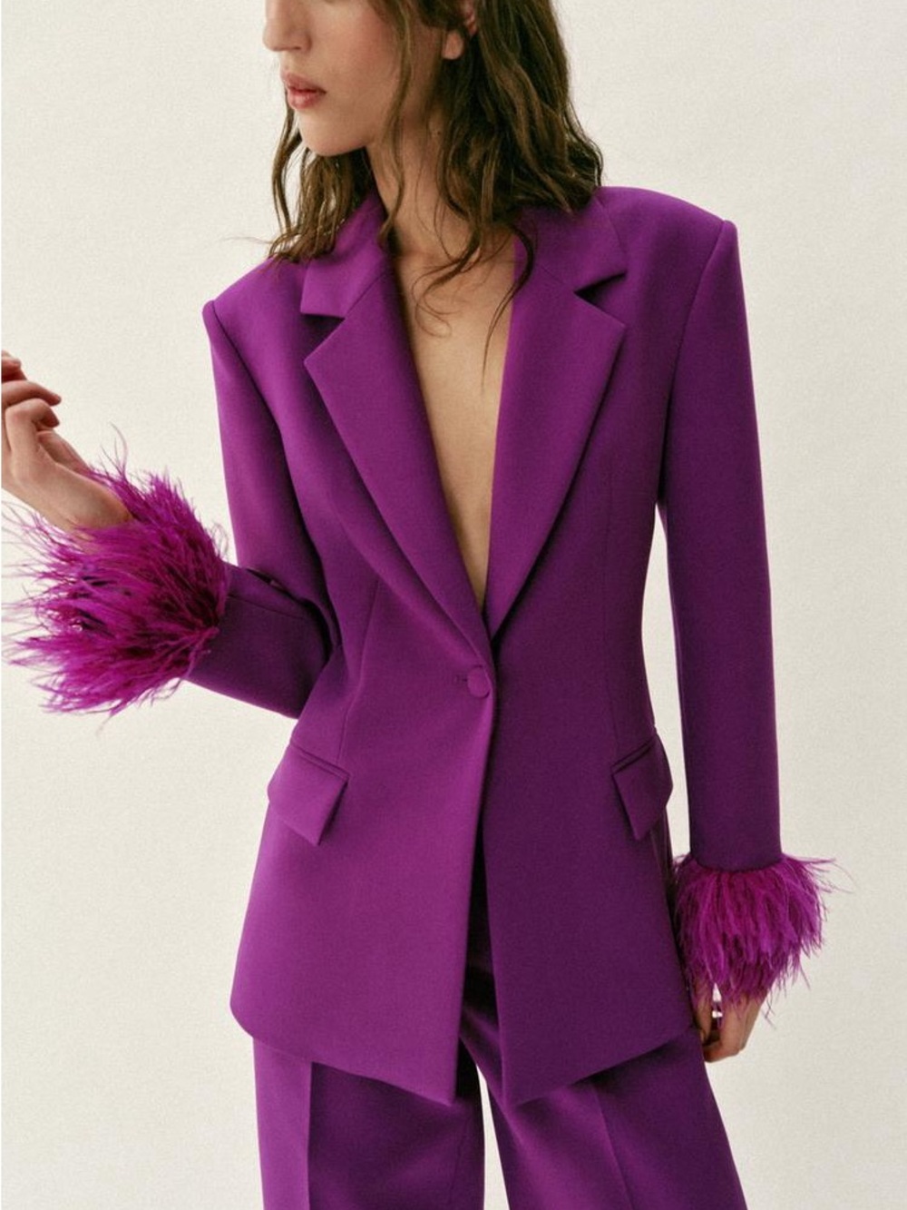 Zara Purple Feather-Cuff Blazer